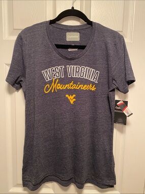 Captivating Women's Navy Heather Crewneck Tee with White and Gold Print…size M